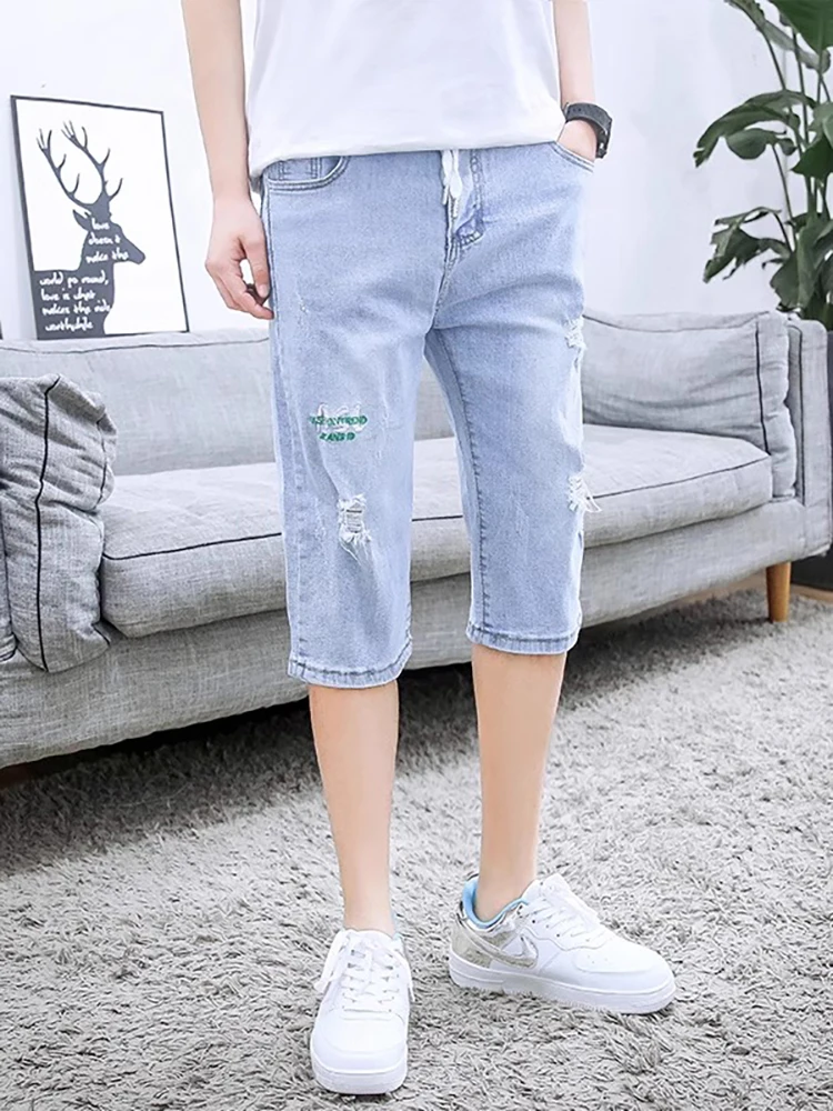 

Summer Thin Men's Jeans orts Casual Loose Seven-Five Pants Straight Leg Mid-Waist Blue Denim Youth Faion Wear Resistant