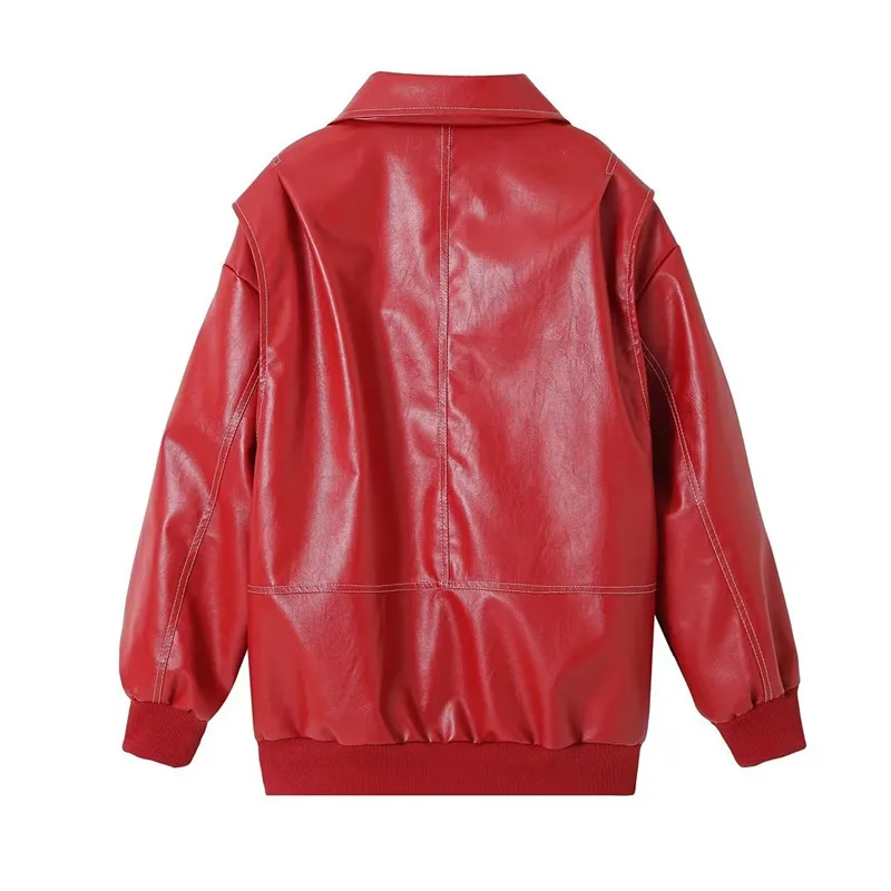 Vestes en cuir PU à coutures rouges pour femmes, revers chic, manches longues, combat zippé, poche femme, veste de rue, mode automne 2023, 578