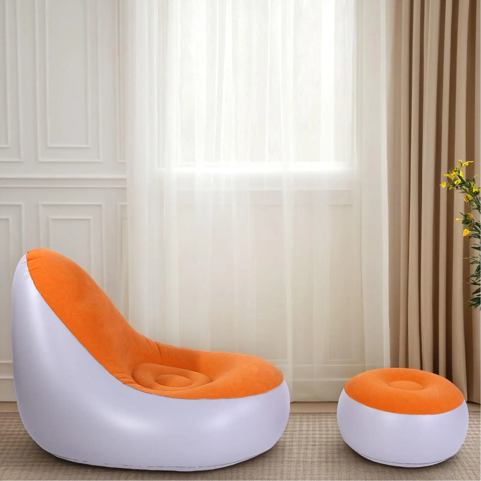

Inflatable Lounge with Foot Stool PVC Flocking Water Proof Folding Blow Up Couch Inflatable Sofa Chair for Home Camping Orange