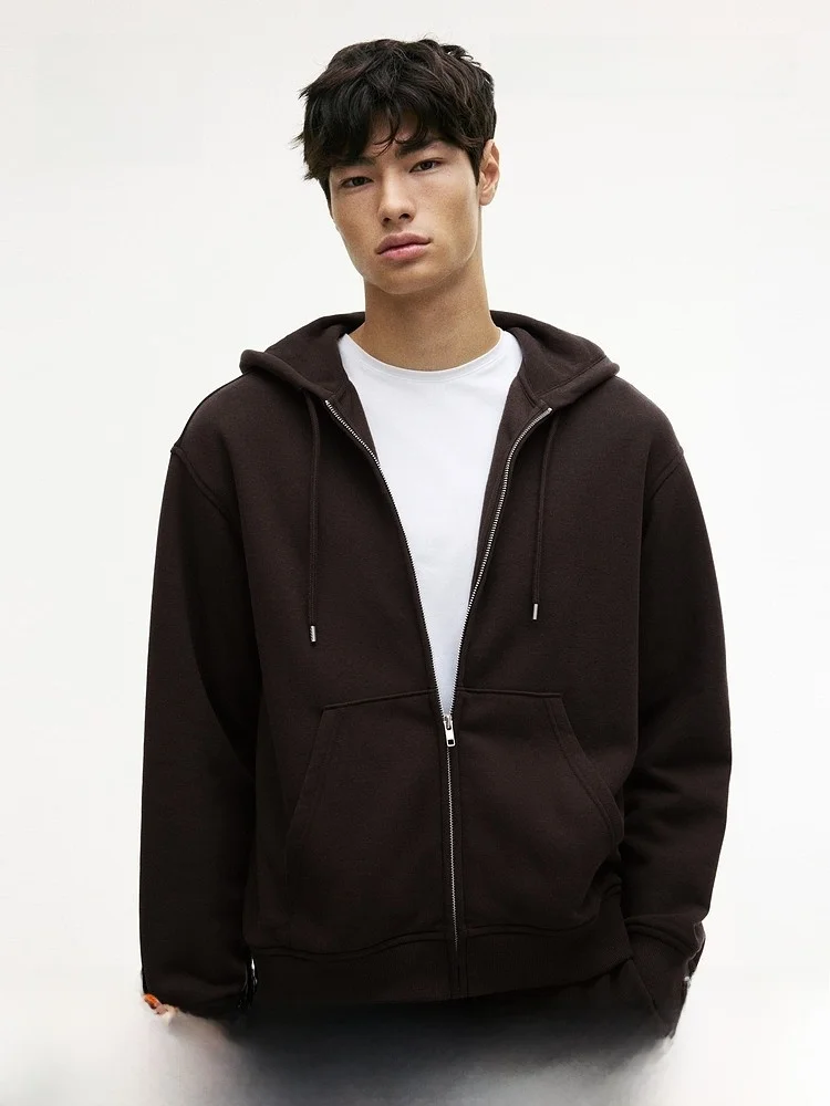 

New Men's Loose Fit Zipper Hoodie Comfortable Polyester Cotton Blend Casual Style Pure Color Hooded Open Cardigan Sweatshirt
