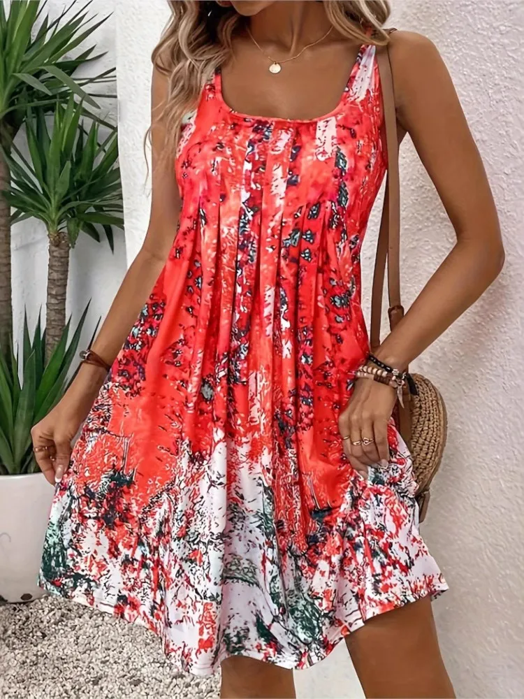 Abito da donna con stampa floreale Moda senza maniche Colletto quadrato Abiti larghi per le donne Casual Boho Holiday Beach Gonna Abbigliamento da donna