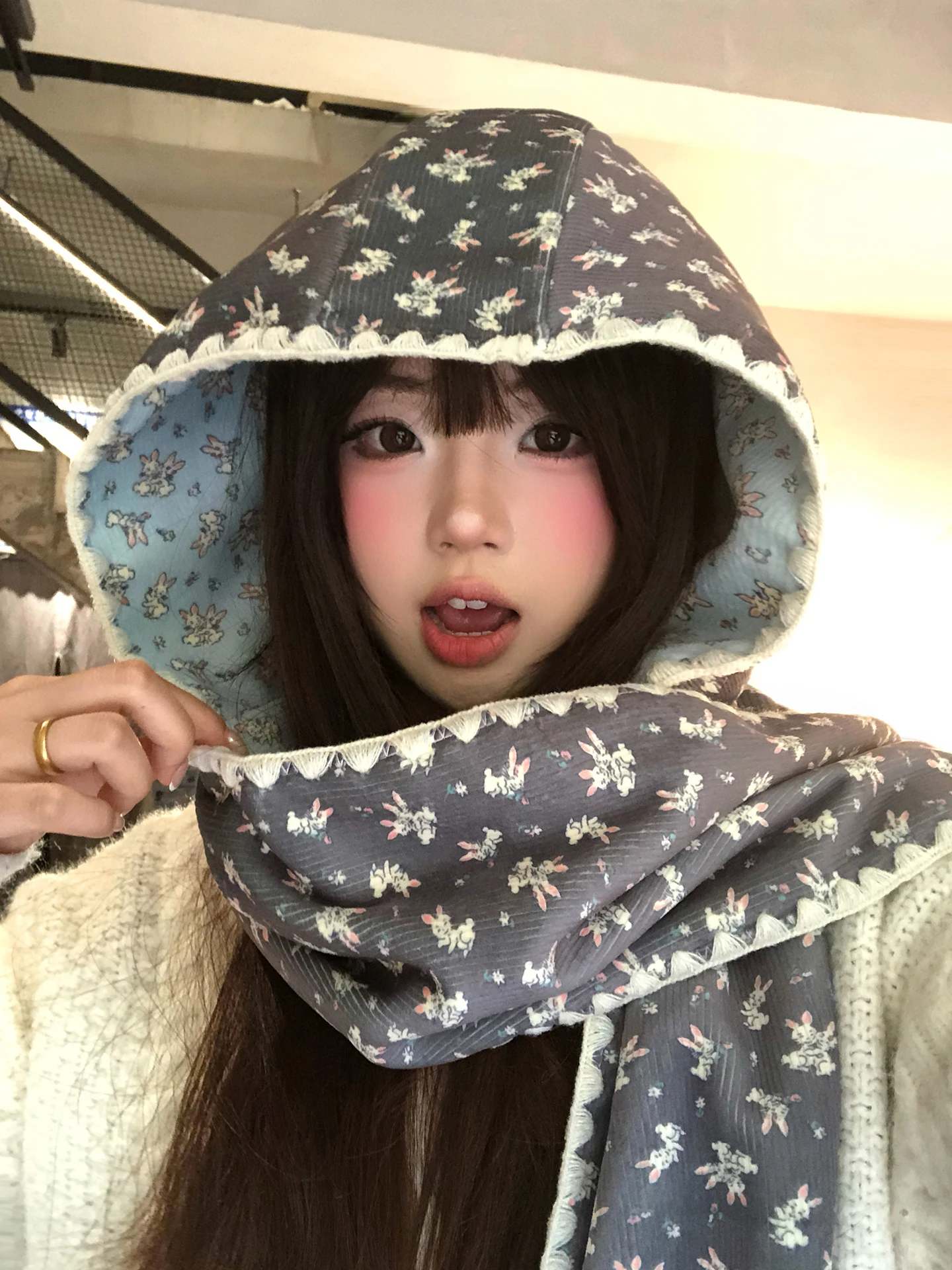 Korean Style Cute Rabbit Double-Sided Hat Scarf Set Women's Autumn Winter Warm Neck Protection Hat Scarf Two-Piece Set