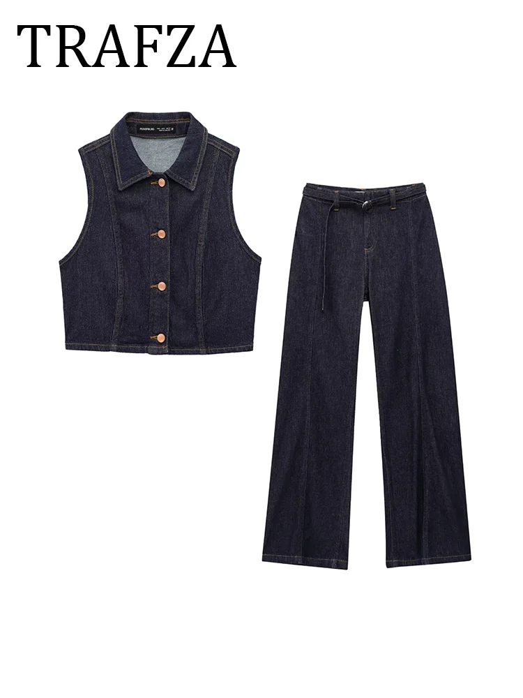 

TRAFZA Belt Jeans Denim Vest Set For Women Lapel Button Short Tank Top+ High Waist Wide Leg Jeans Pants 2025 Summer Casual Suit