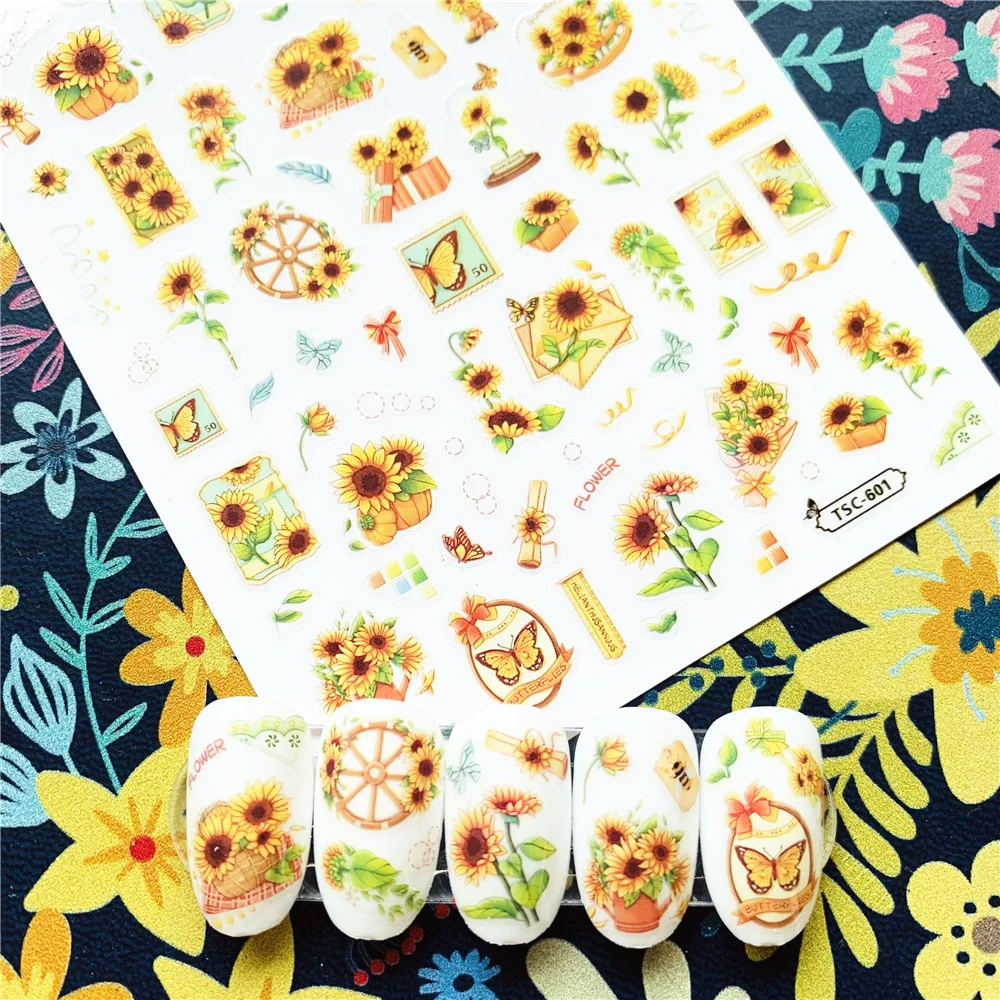 Newest TSC-600 Sunflower series 3d nail art stickers decal template diy nail tool decoration