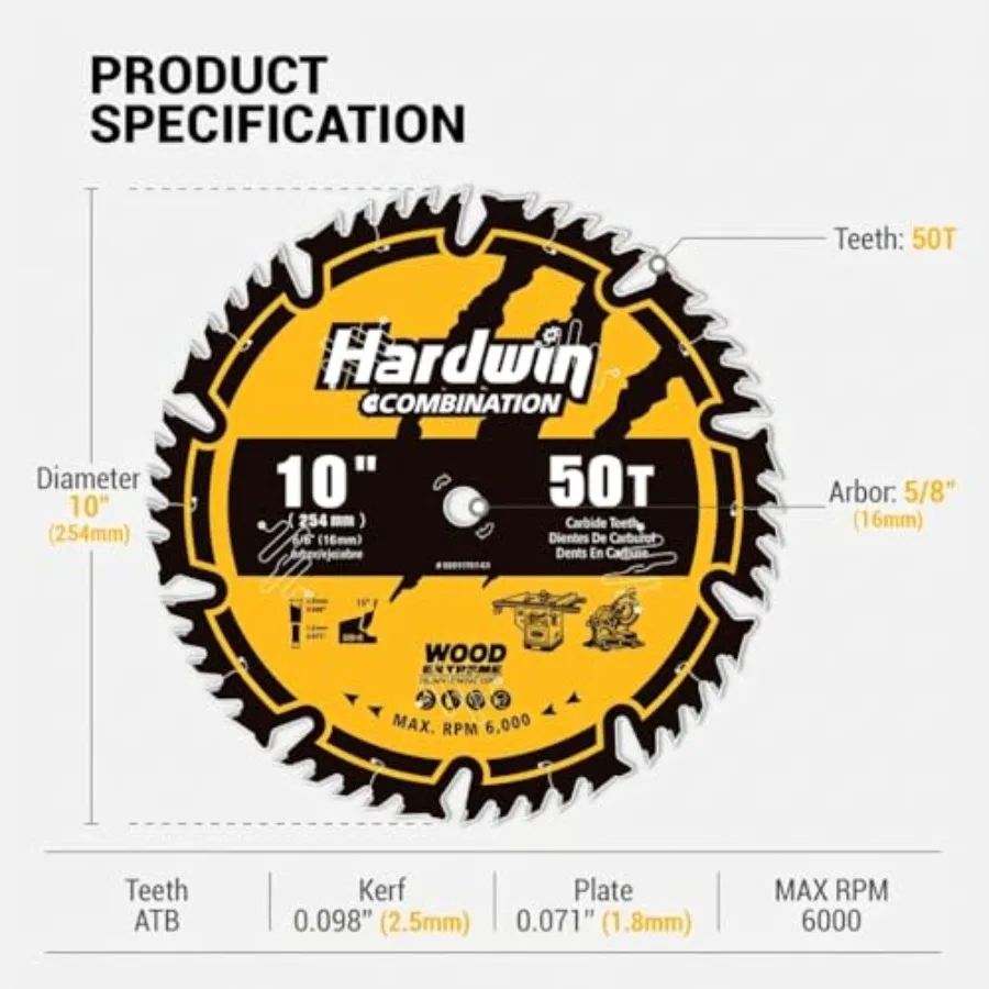 10-Inch 50-Tooth Combination Table Saw Blade, 5/8