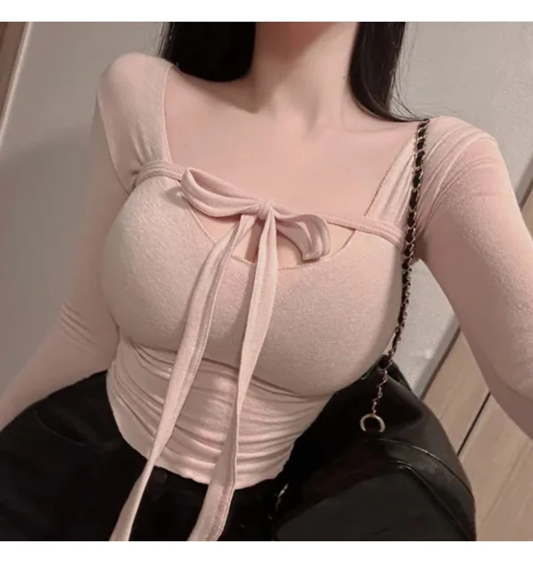 Koreanischer Stil U-Ausschnitt Band Slim Fit Transparentes Langarm Damen T-Shirt 2026 Sommer Figurbetontes T-Shirt Einzigartiges Design Crop Top – Detail 11