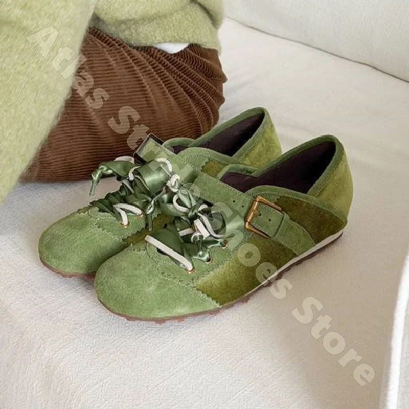 

Women Green Suede Sneakers Vintage Metal Buckle Satin Ribbon Lace Up Ballet Gym Shoes Y2K Aesthetic Retro Casual Sport Shoes