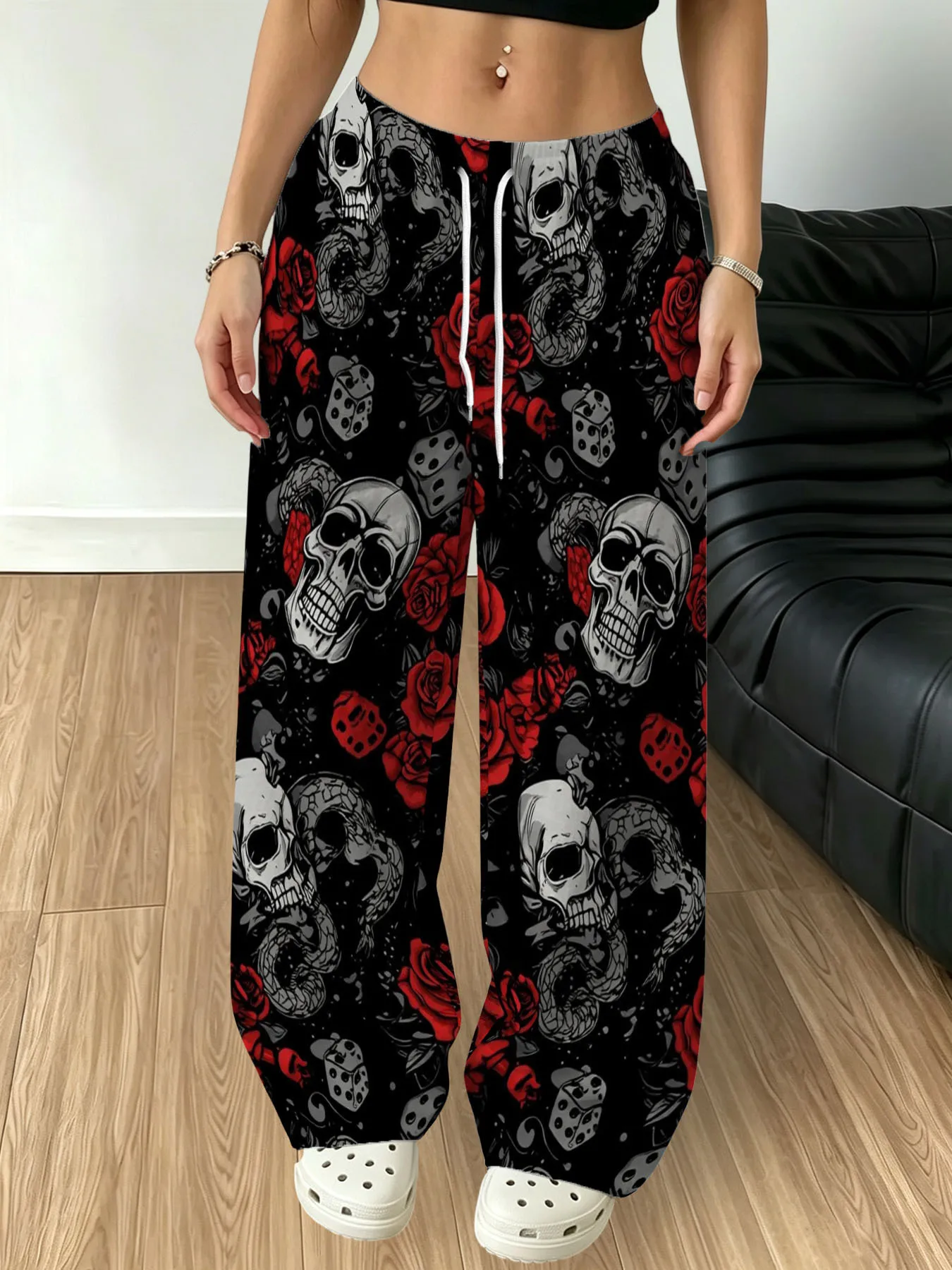 Dark Gothic Style Halloween Casual Loose Fitting Children's Adult Men's and Women's Skeleton Rose Print Breathable Pants