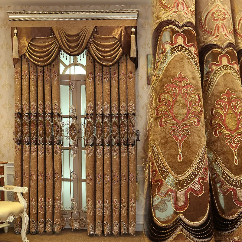Fashion Pastoral Chenille Fabric Custom Size European Embroidery Blackout Blue and Brown Curtains for Living Dining Room Bedroom