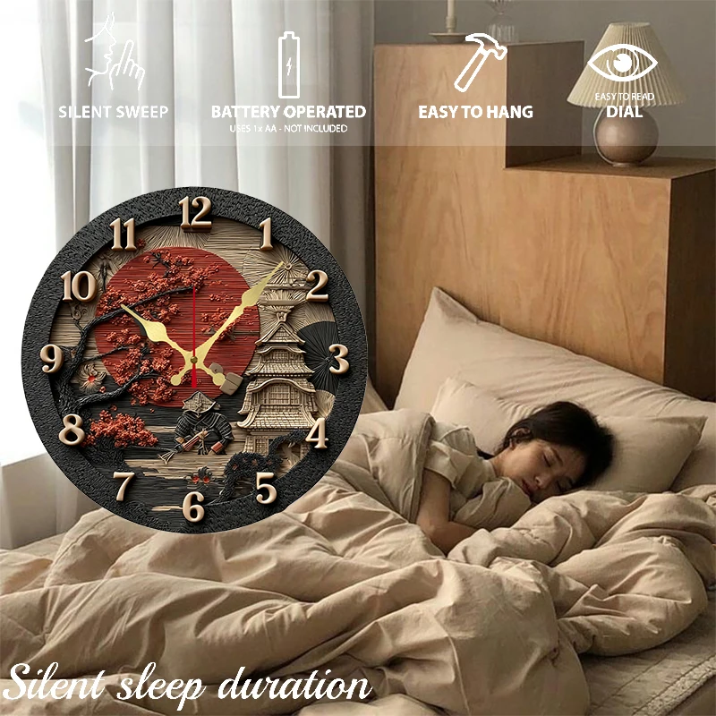 2D Samurai Themed Wooden Round Silent Hanging Wall Clock, Suitable For Living Room, Office, Study Room, Bedroom, Home Decoration view 4