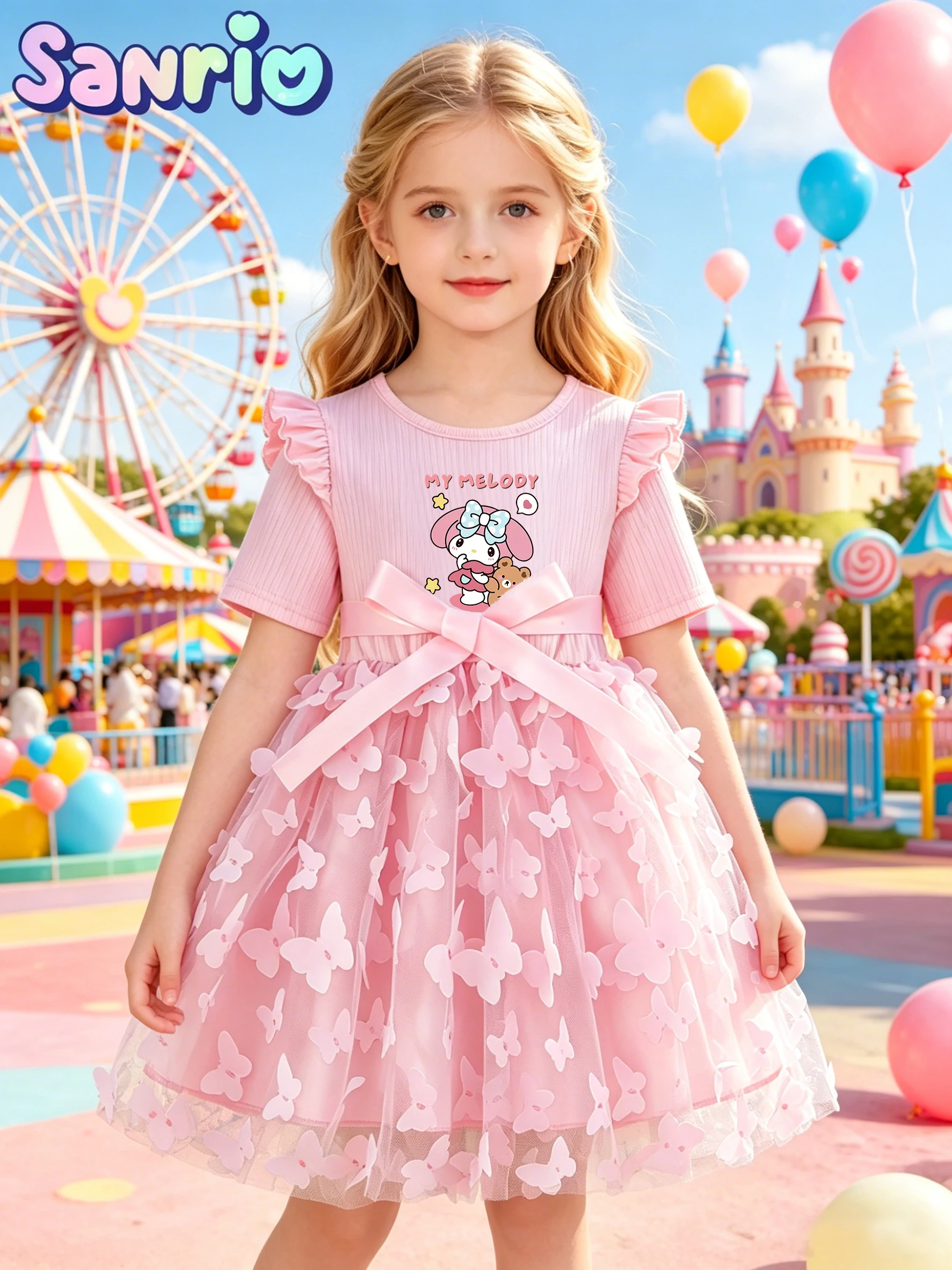 My Melody Kids Dress, New Summer Girls' Flutter Sleeve Butterfly Tulle Dress