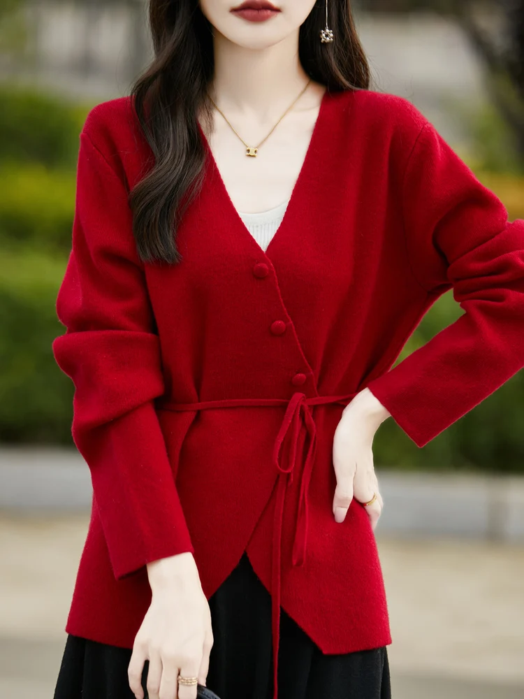 

Autumn And Winter New Slanted Cardigan V-neck Pure Cashmere Knit Sweater With Waist Cinching And Slimming Effect Sweater Jacket