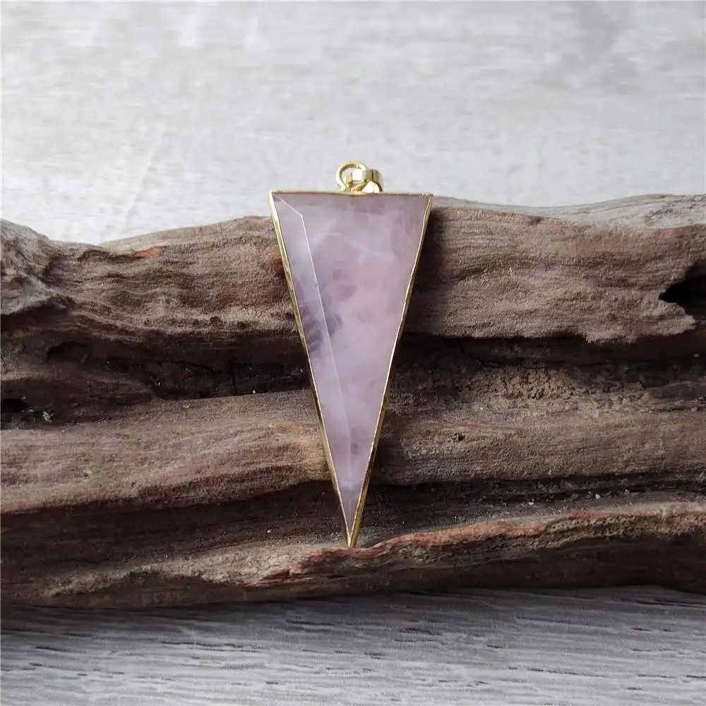 FUWO Faceted Long Triangle Pink Quartz Pendant,Gold Color Plated Natural Crystal Accessories For DIY Jewelry Making PD426 5Pcs