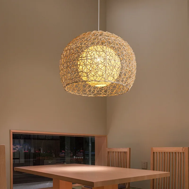 Japanese Style Rural Rattan Woven Chandelier Simple and Creative Personalized Bedroom Living Room Circular Hemp Ball LED Lamp