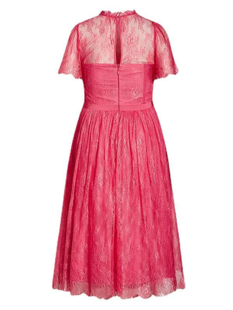 Gaun renda untuk wanita kerah berdiri lengan kupu-kupu pendek pakaian klub elegan A Line Midi gaun pesta malam ukuran besar