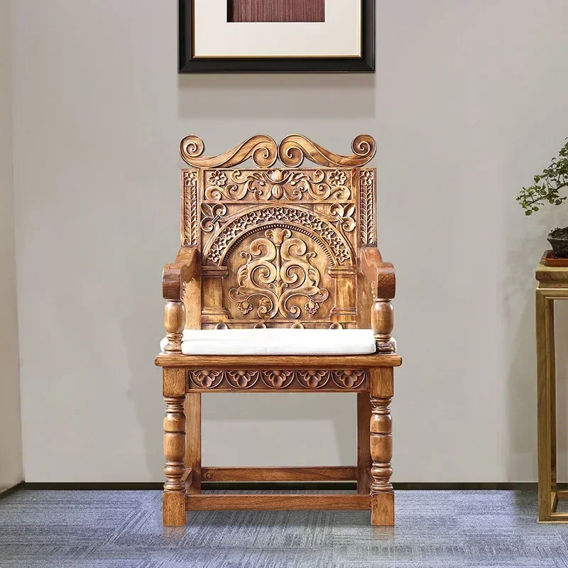 Thai ash wood carving flower chair, Chinese South East Asia style stool back chair furniture dining chair