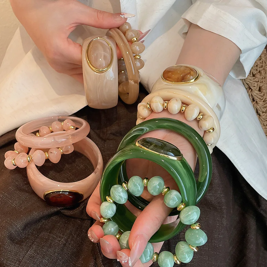 3 Pcs/set Vintage Multi-colo Acrylic Wide Bangles Retro Geometric Round Resin Bracelets for Women Charms Party Jewelry Gift K