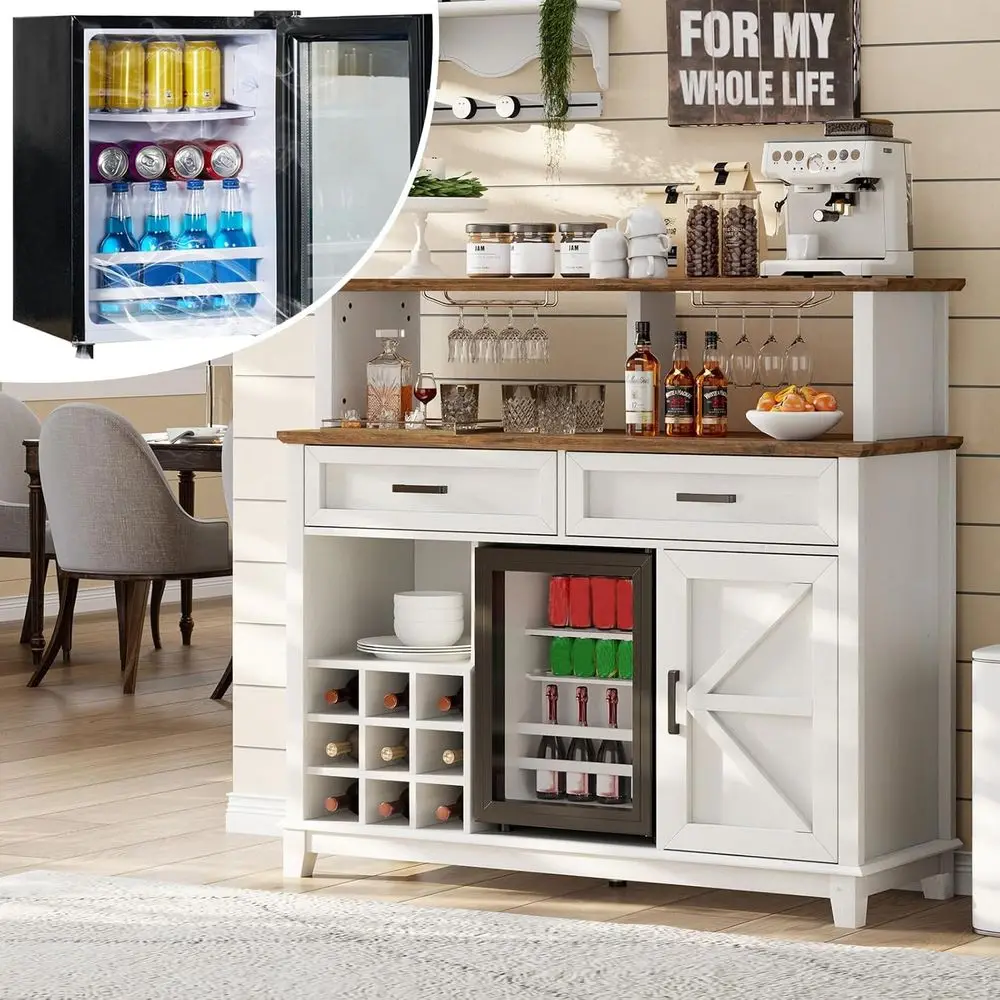 

47 Rustic Wine Bar Cabinet with Beverage Cooler, 15 Bottle Mini Fridge, Barn Door & Glass Racks, White Kitchen Hutch Buffet Tabl