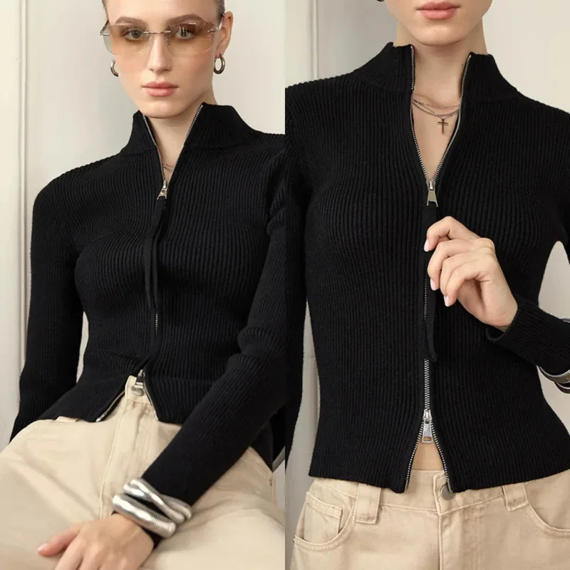 

2025 Autumn Women’s Knit Jacket Double Zip Cardigan Slim Fit Long Sleeve Solid Color Casual Commuting Basic Warm Sweater Tops