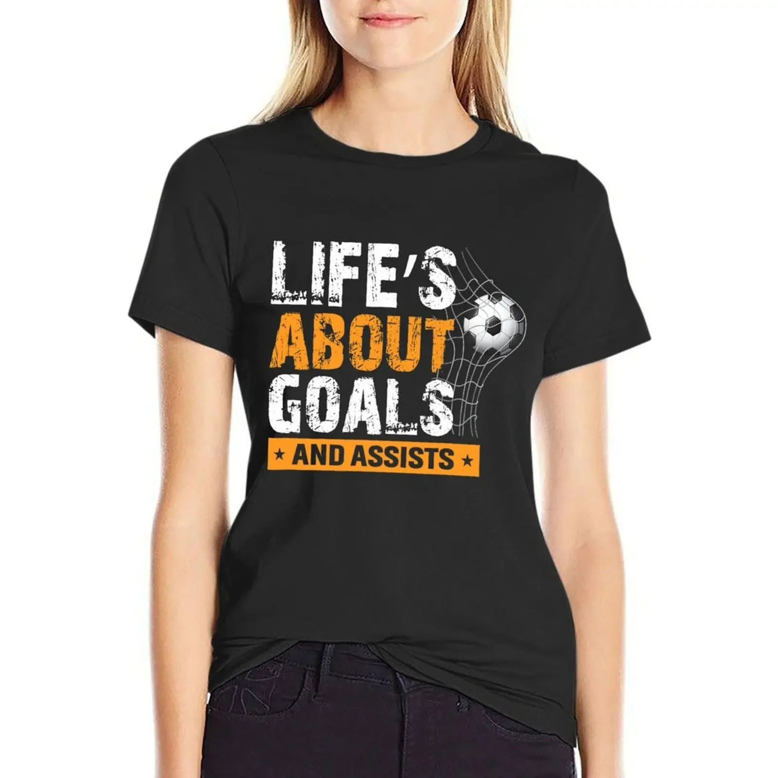 

Life Is About Goals And Assists Soccer Player Sports Futbol T-Shirt tees Female clothing womans clothing