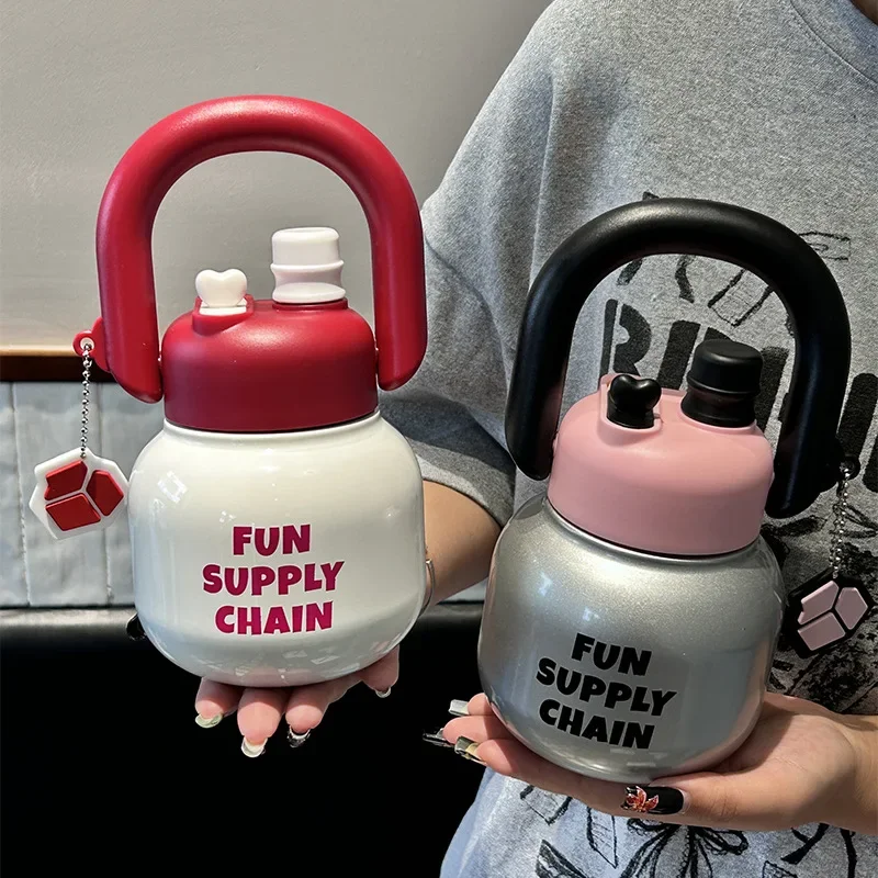 New Double Drink Straw Portable 316 Stainless Steel High Aesthetic Large Capacity Water Cup Thermos Big Belly Tumbler