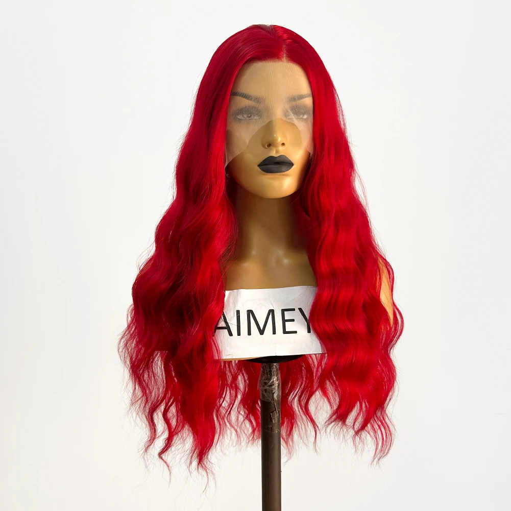 AIMEYA Long Red Wigs for Black Women Synthetic Cosplay Party Wig Synthetic Lace Wig Natural Hairline Deep Wave Wig Lace Frontal