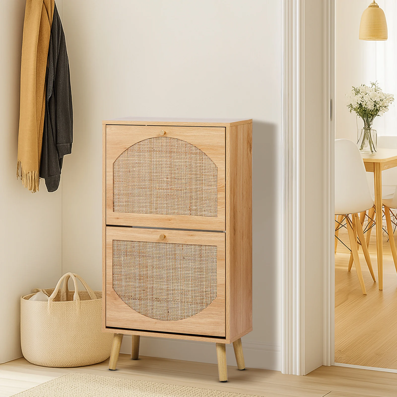 2-Tilt Shoe Cabinet with Arched Rattan Surface, MDF with Triamine, 54*24*98cm, Natural Wood Color