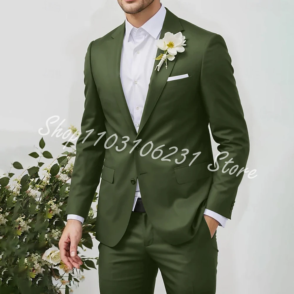 

Men's Wedding Business Suits Army Green Summer Fashion Formal Groom Tuxedos 2 Piece Suits Men Jacket Pants Trajes De Hombre