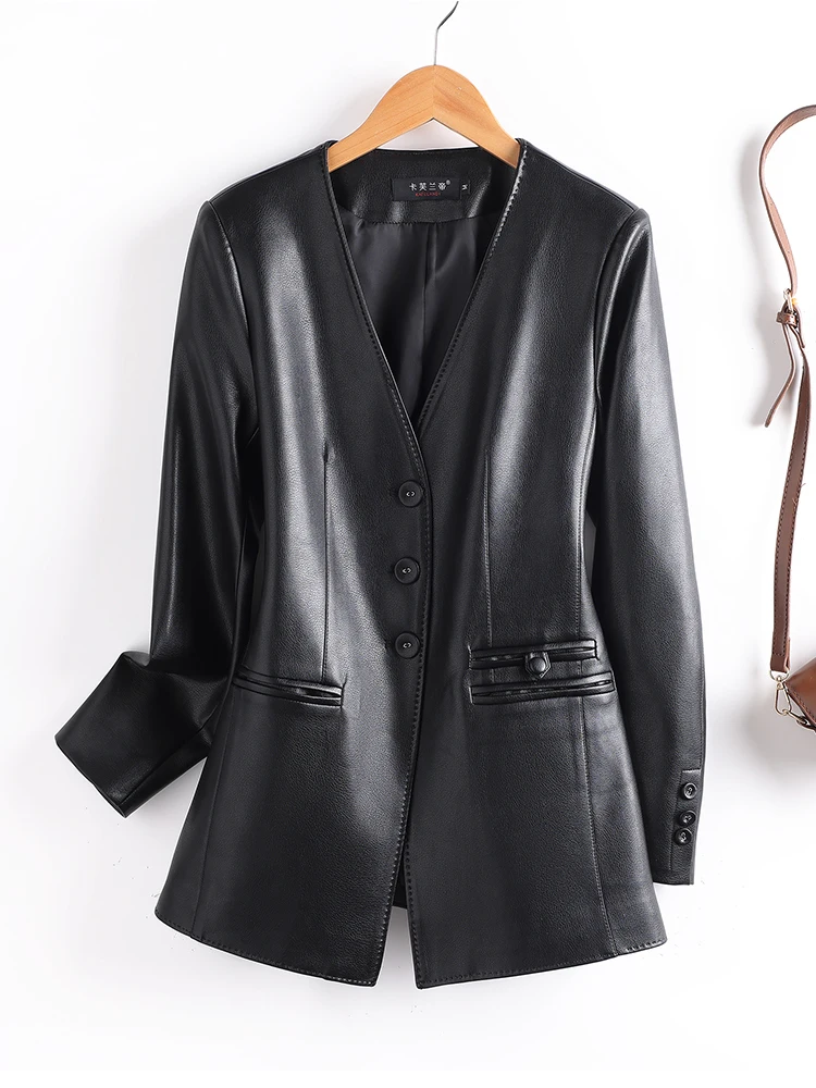 Giacca in Pelle da Donna Primavera 2025, Vestibilità Slim, Cappotto Corto in Vera Pelle di Pecora Haifeng, Scollo a V, Manica Lunga, Stile Commuter