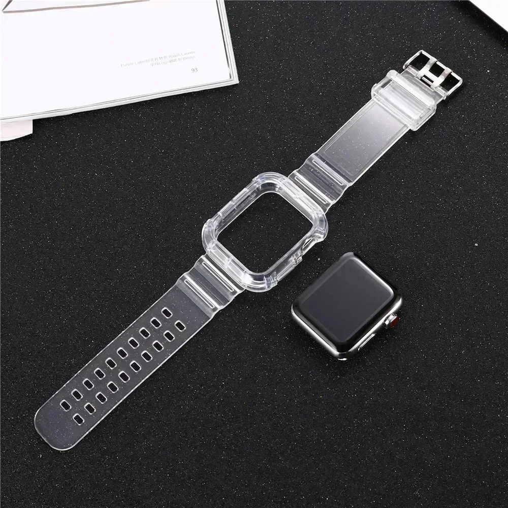 Clear Band + Case for Apple Watch Series 9 8 7 6 SE 5 49mm 45mm 44mm 42mm 41mm Transparent for iwatch 3 38mm 40mm Plastic Strap