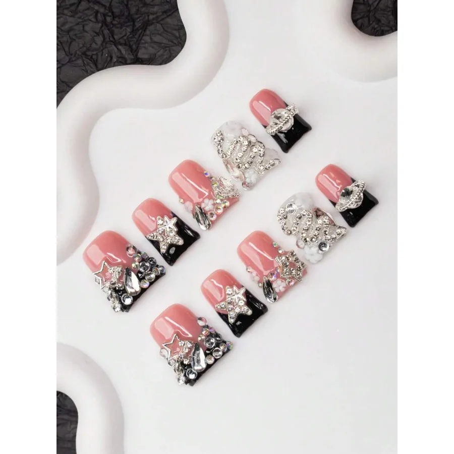 

10Pcs Handmade Y2K-Style Duck Mouth Nail Tips Nude Black Colors With French Tip Crystal Snake Flower Planet Star Elements Suita
