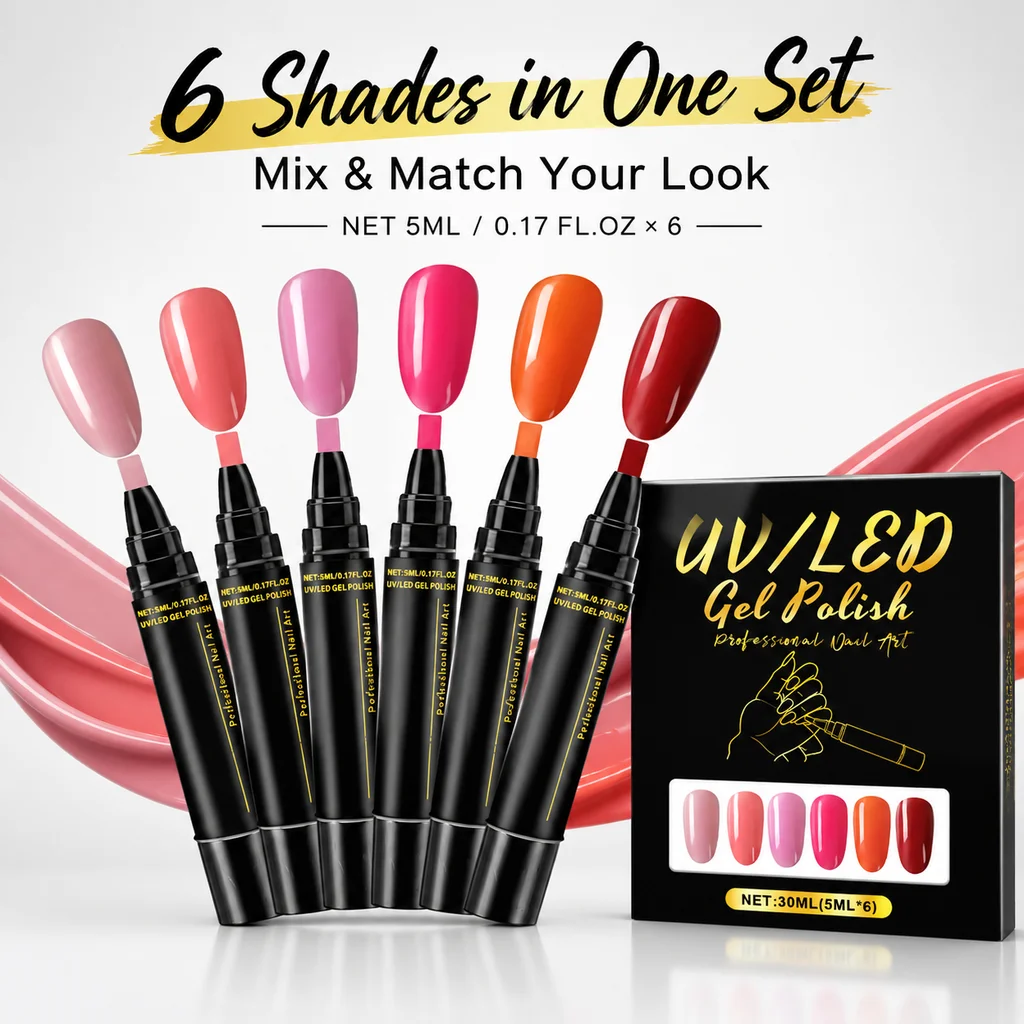 Nail Polish Pen Set 6 Colors Nail Art Pen UV LED Curable DIY Manicure Kit Glossy Finish Long Lasting Home Salon Beginner Varnish