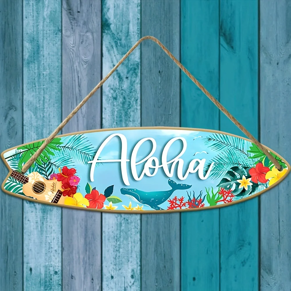 Eine hölzerne Sommertafel mit surfbrettförmiger Verzierung zum Aufhängen an der Außenwand eines Pools und einer Strandkante, Ahoa.