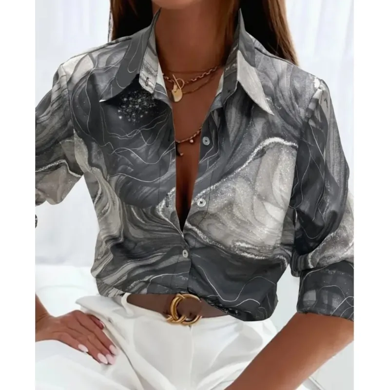 New 2024 Women's Long Sleeve Shirt with Button Tropical Leaf Print Personalized and Comfortable Collar Women's Spring and Autumn