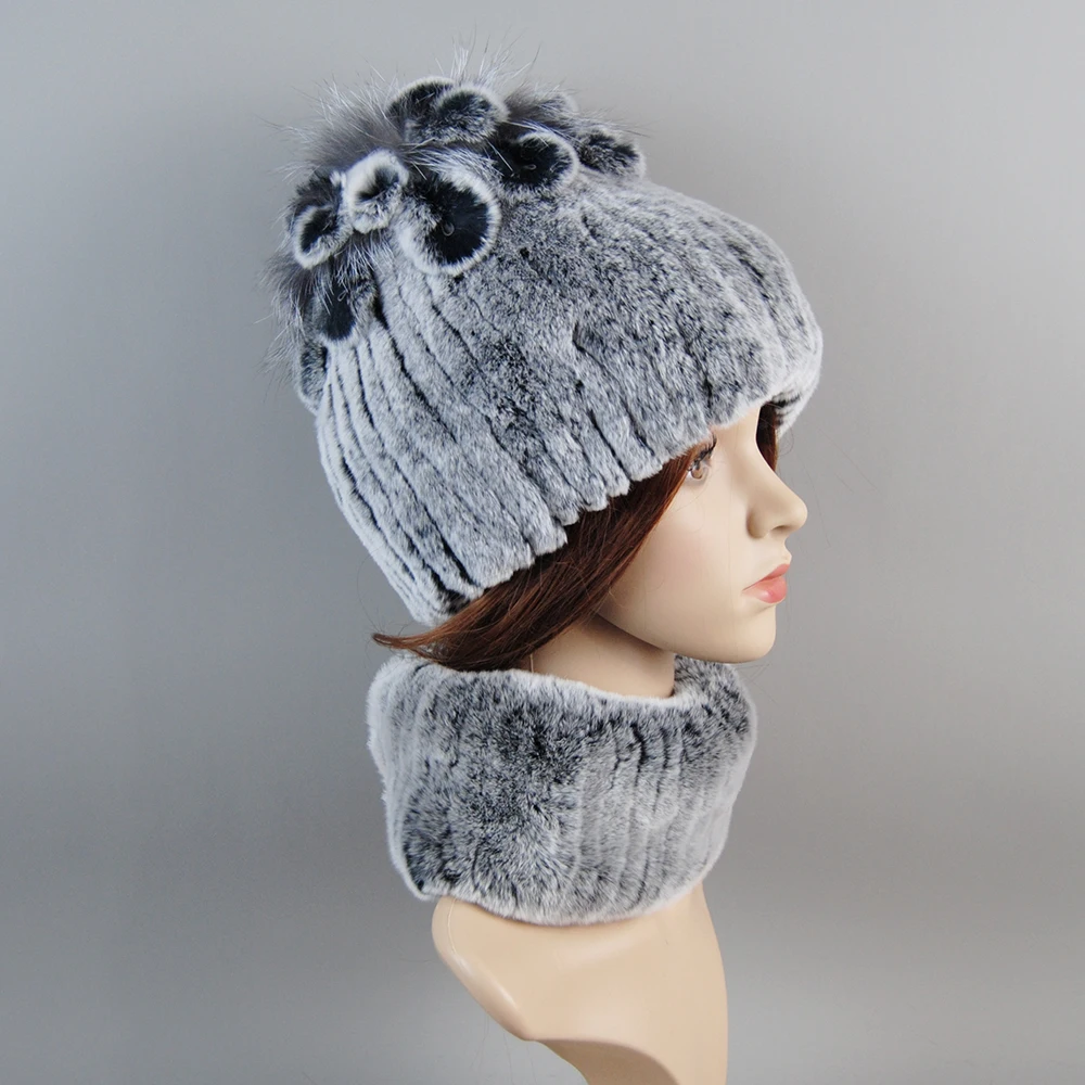 Real Rex Rabbit Fur Hat And Scarf Set Women Winter Knitted Beanie Hat Natural Fur Skullies Beanies Woman Hat Female Cap Elastic