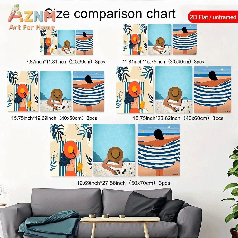 3pcs Unframed Canvas Wall Art Summer Beach Lady Tropical Pool Holiday Posters Abstract Prints for Living Room Bedroom Home Decor