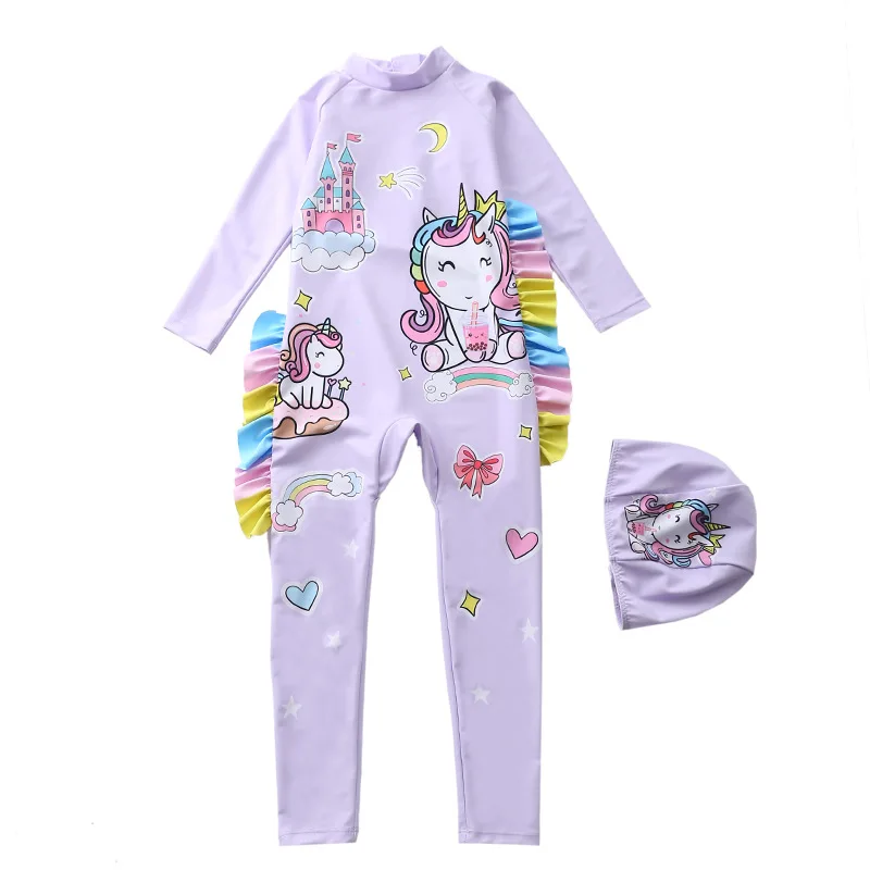 

HappyFlute New One-piece Long Sleeve Unicorn&Mermaid Print Medium And Small Children's Surfing Quick Drying Swimsuit