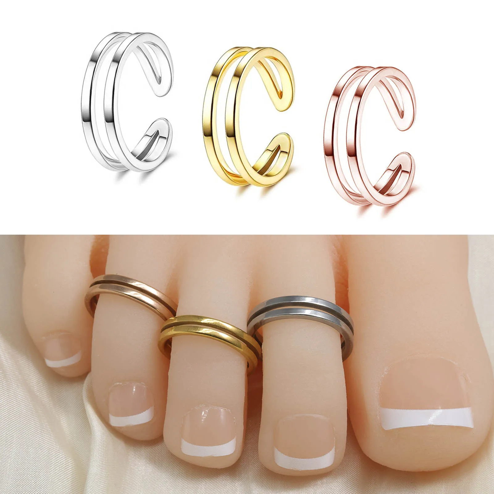 Adjustable Double Layer Toe Ring 316L Stainless Steel Minimalist Open Rings for Women Girls Beach Jewelry