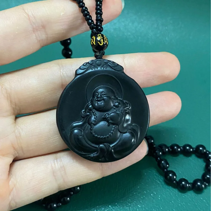 

Natural Hetian Jade Maitreya Pendant, Black Sheep Fat Big Belly Buddha Ornament