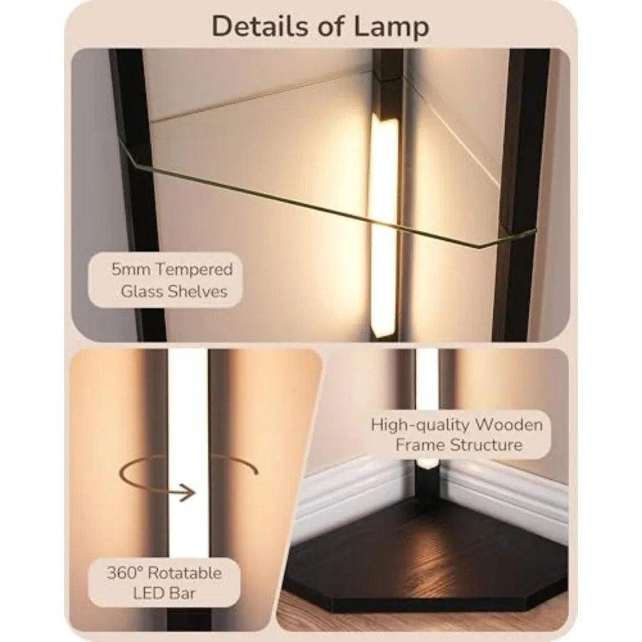 Floor Lamp with Shelves, 5-Tier Glass Display Shelf with Remote/Foot Control, 5CCT and Dimmable Corner Shelf Lamp, Open Display