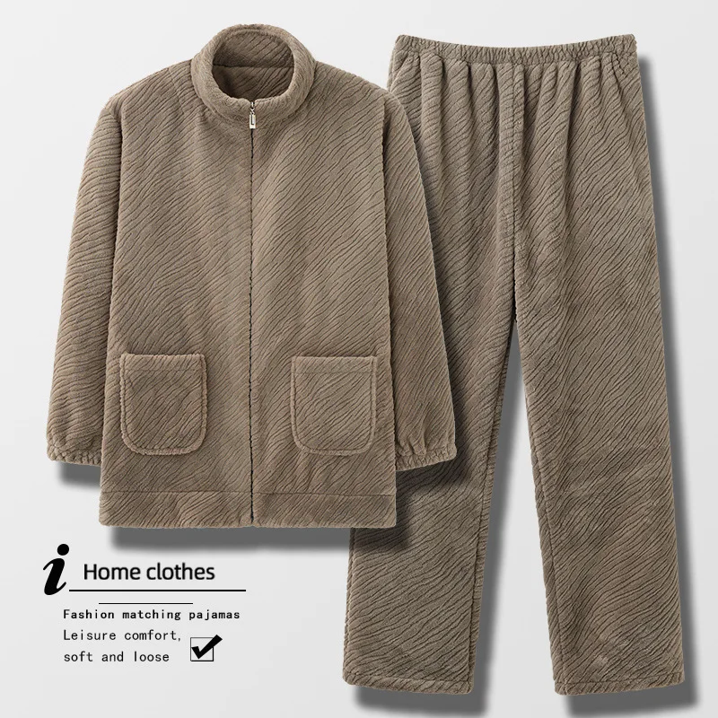 Thickened Coral Fleece Sleepwear Set for Men with Zipper Home Clothes Long Sleeve Long Pants Warm Flannel Autumn Winter Home ...