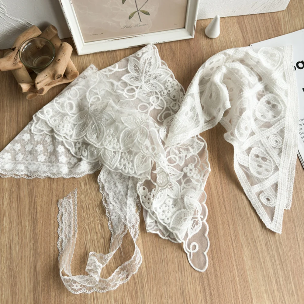 Spring White Woven Floral Lace Hair Scarf Wraps Women Retro Triangle Headscarf Hat Travel Photo Headband Hair Accessories INS