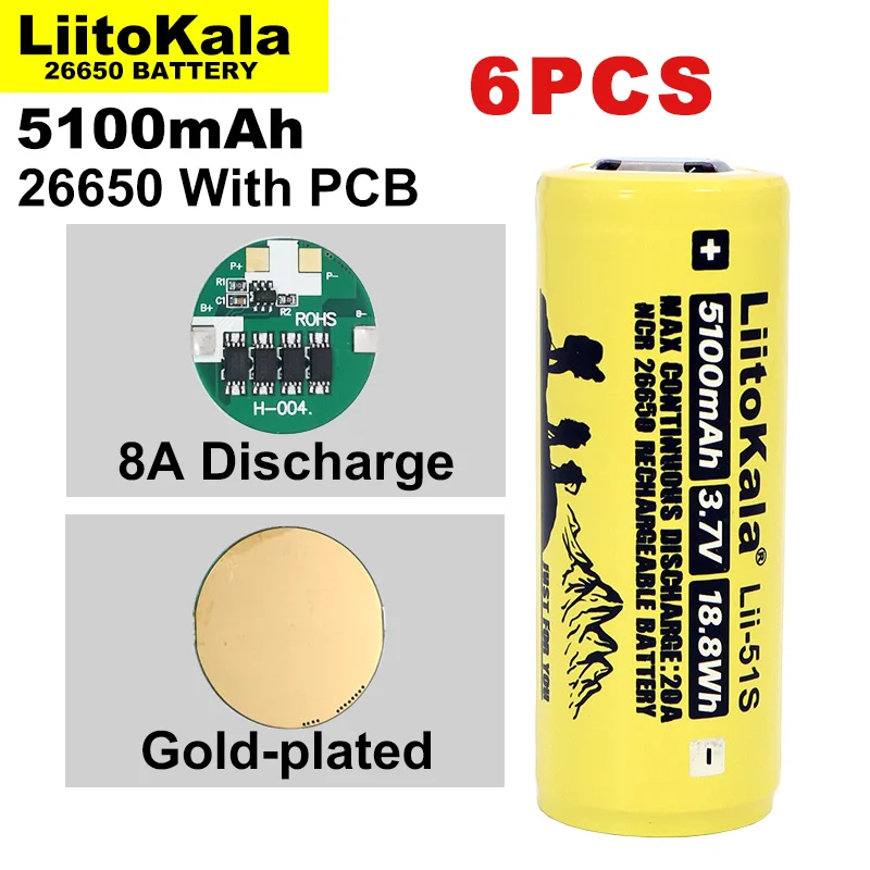 

6PCS Liitokala LII-51S 26650 8A Power Rechargeable Lithium Battery 26650A 3.7V 5100mA Suitable For Flashlight（PCB Protection