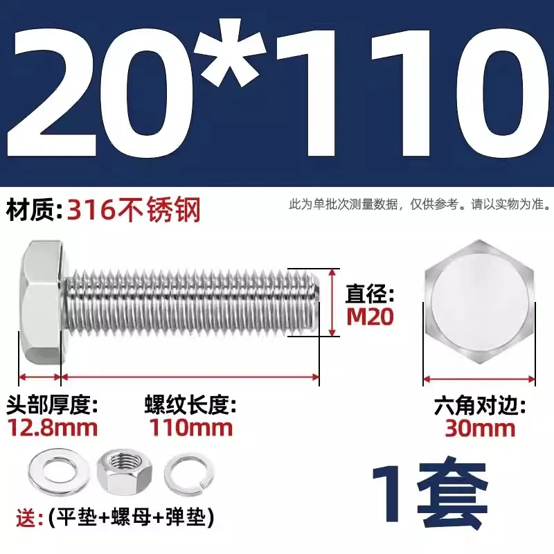 DIN933 M20 110mm Bolt SS304 Full Thread with Nut, Hexagon Bolt