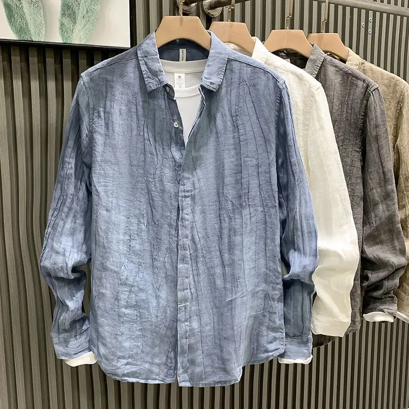 Pleated Long-sleeved Shirt for Men in Autumn and Winter, Retro Breathable, Iron-free Cotton and Linen Shirt, Thin Jacket