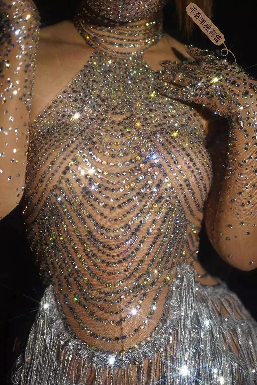 Brillante strass nappa Costume da ballo donne Sexy maglia elastica prospettiva netta abito di cristallo cantante ballerino vestito da palcoscenico