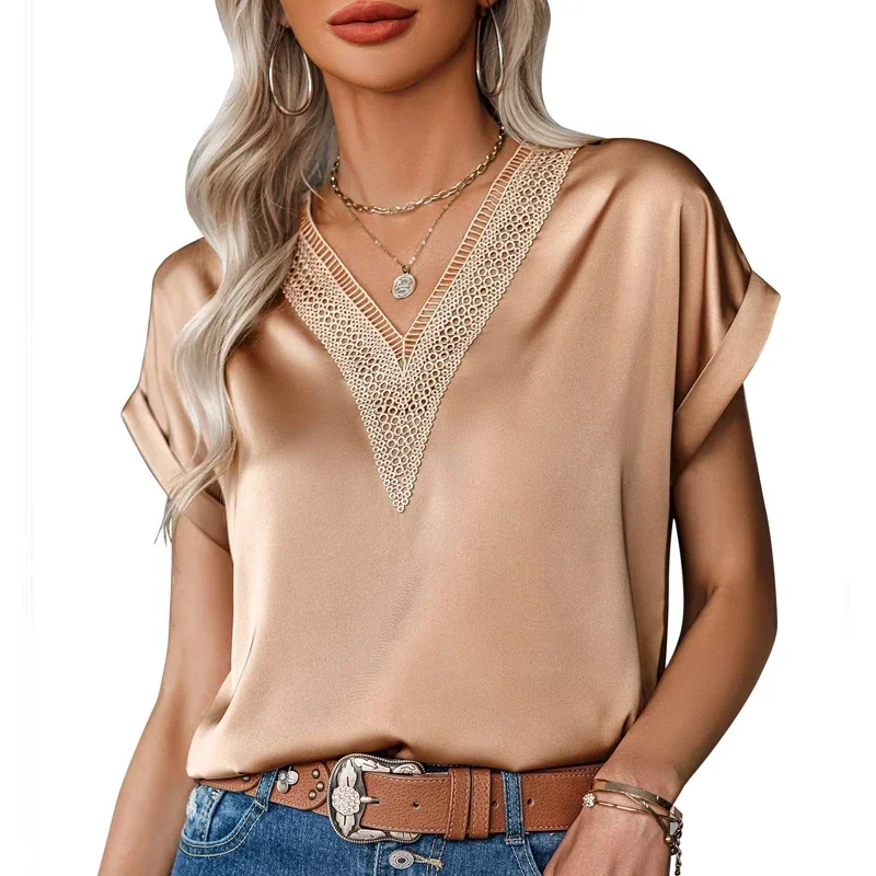 

Elegant Women Loose Short Sleeve Shirt Summer V-neck Lace Satin Blouse Office Lady Fashion 2024 Solid Loose Tops Blusas 25843