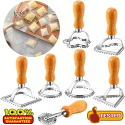 9 Styles Ravioli Cutter Pastry Press Mold with Wooden Handle Dumpling Lace Embossing Device Cookie Pasta Baking Tools Kitchen