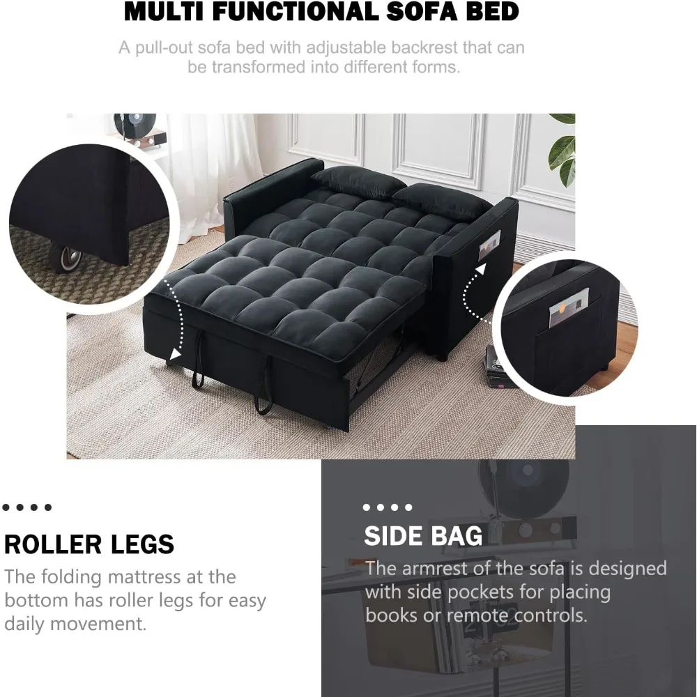 Sofa Bed, Velvet Pull Out Couch with Armrests, Storage Pockets and 2 Pillows, Adjustable Backrest, Home Furniture Sofa Bed