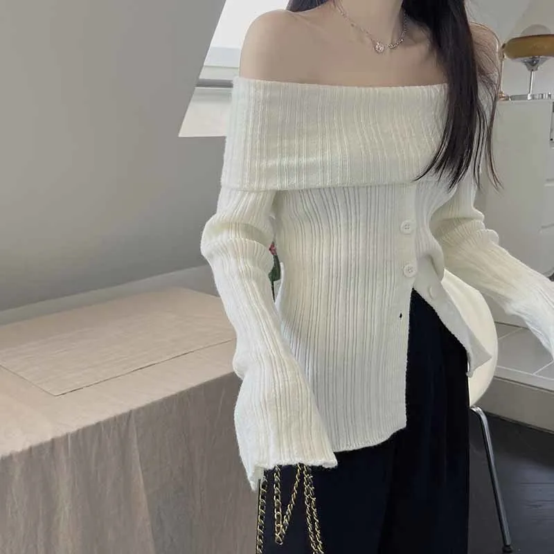 Chic Winter Off Shoulder Sweater Women Long Sleeve Warm Knitted Sweaters Female Elegant Sexy Top Jumper Pull Femme